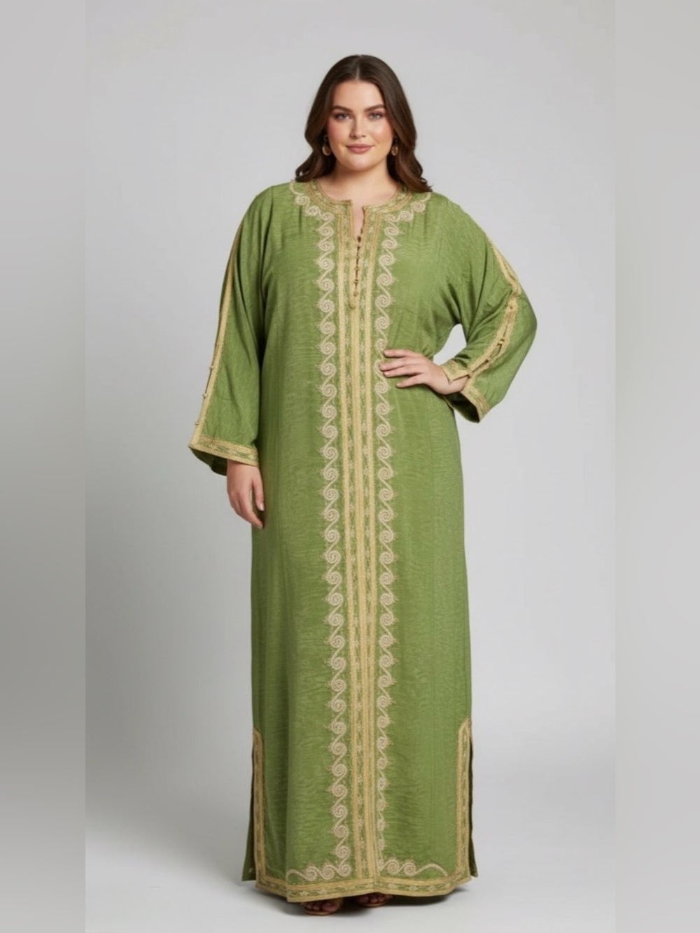 Vintage Moroccan Kaftan / Caftan Green Gold Embroidered Robe